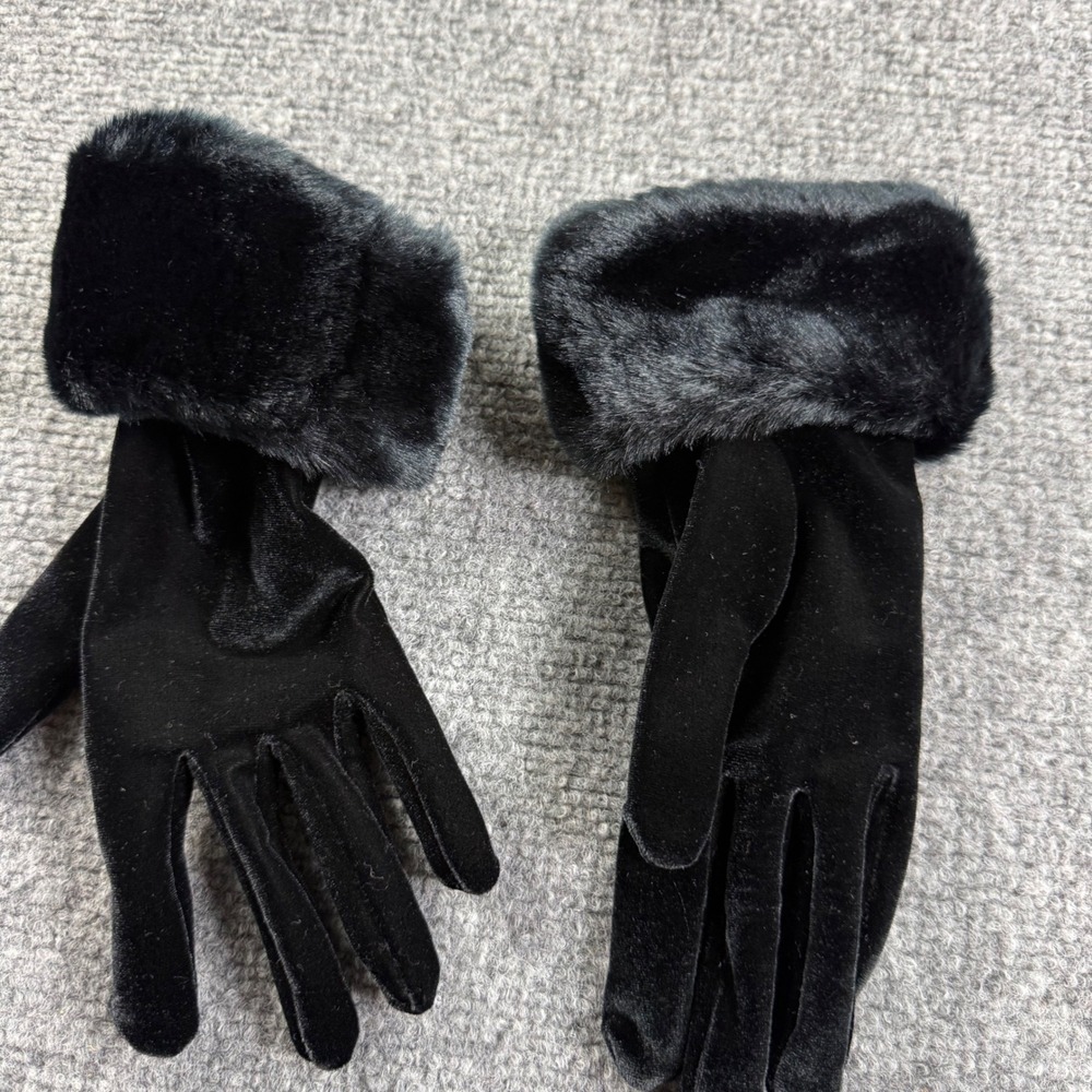 The Limited Gloves One Size Black Faux Fur Trim Velvet Stretch Women
